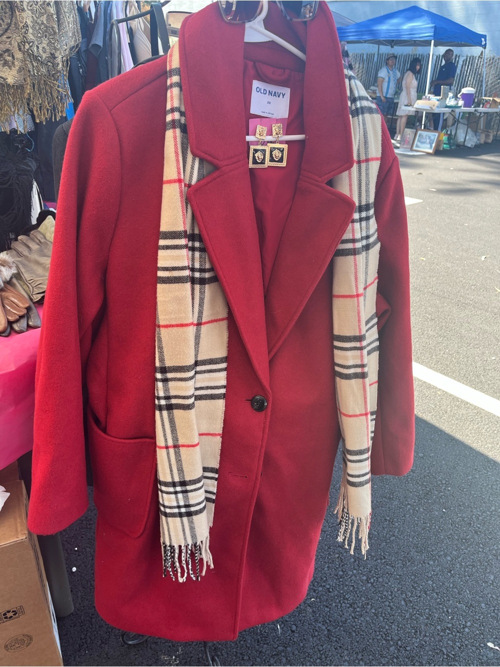 Old Navy Red Single-Button Pea Coat with Plaid Scarf